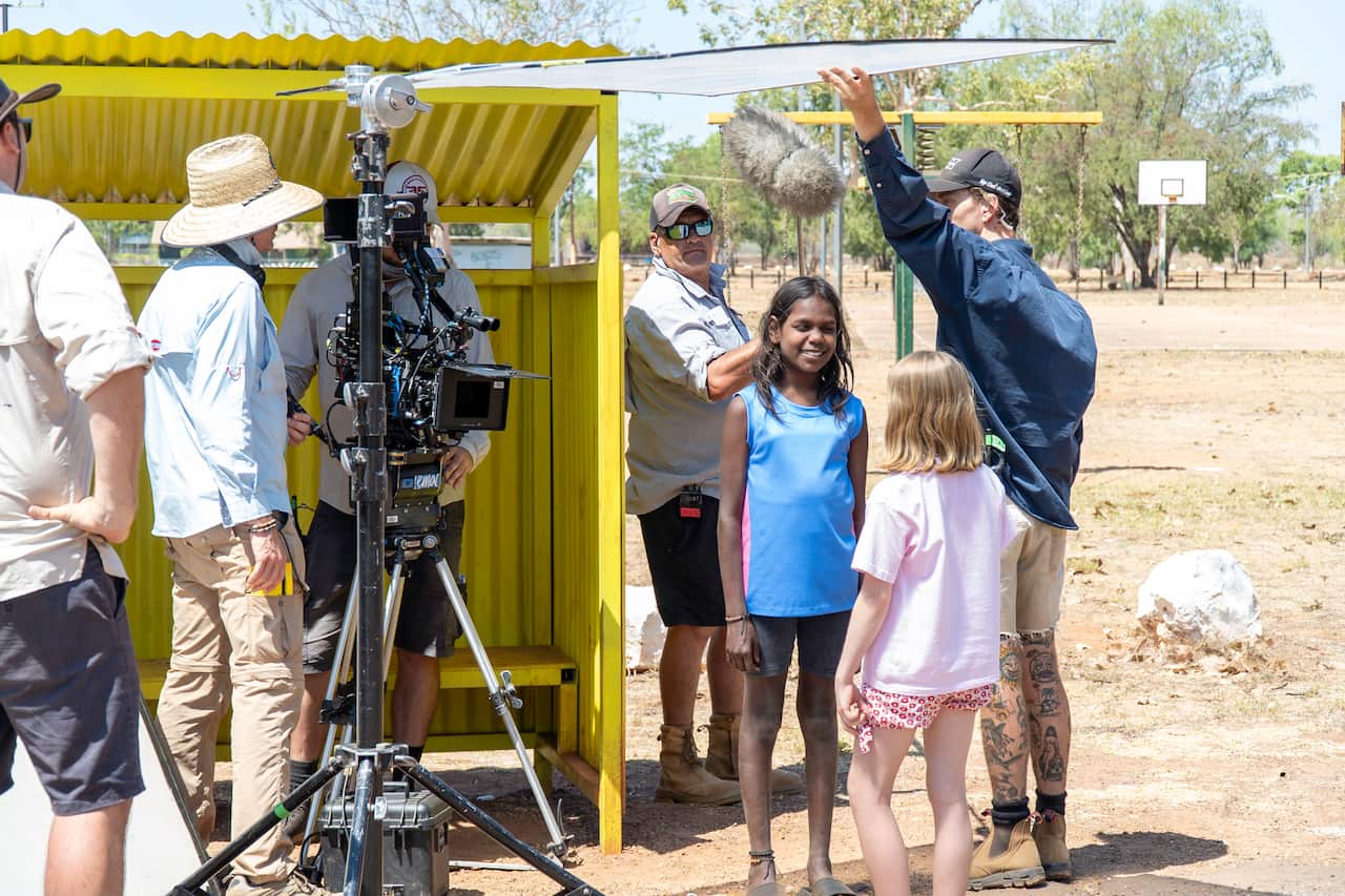 Behind the scenes photos of young cast members and camera crew on the set of NITV children's series Barrumbi Kids 