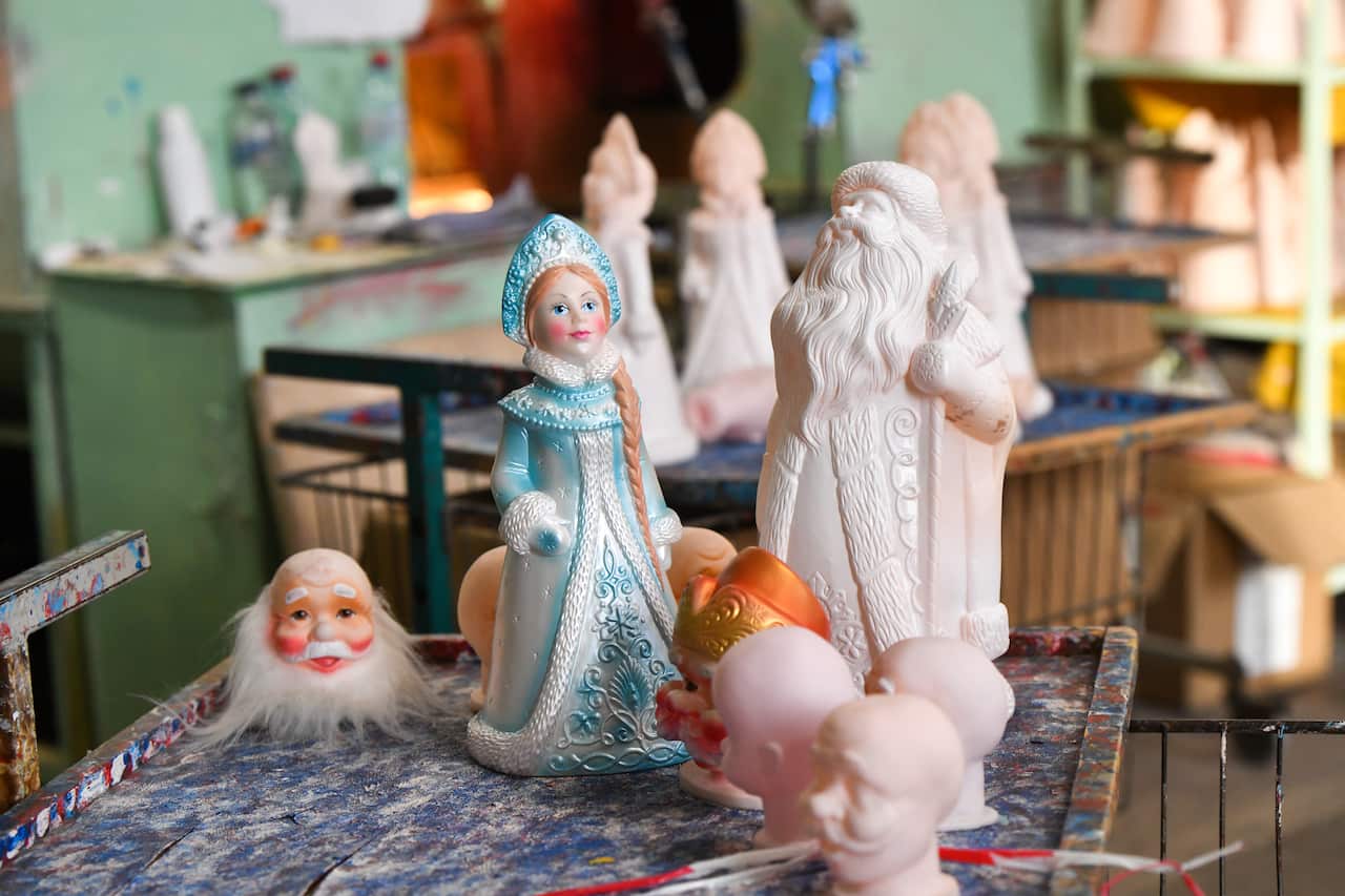 A tray with a collection of Russian New Year's toys