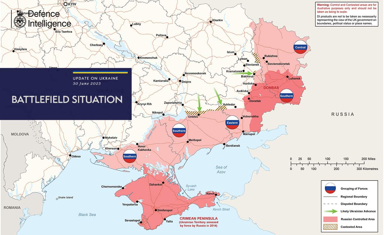 A map of Ukraine showing the territory occupied by Russian forces and the offensive launched by Ukrainian troops. 