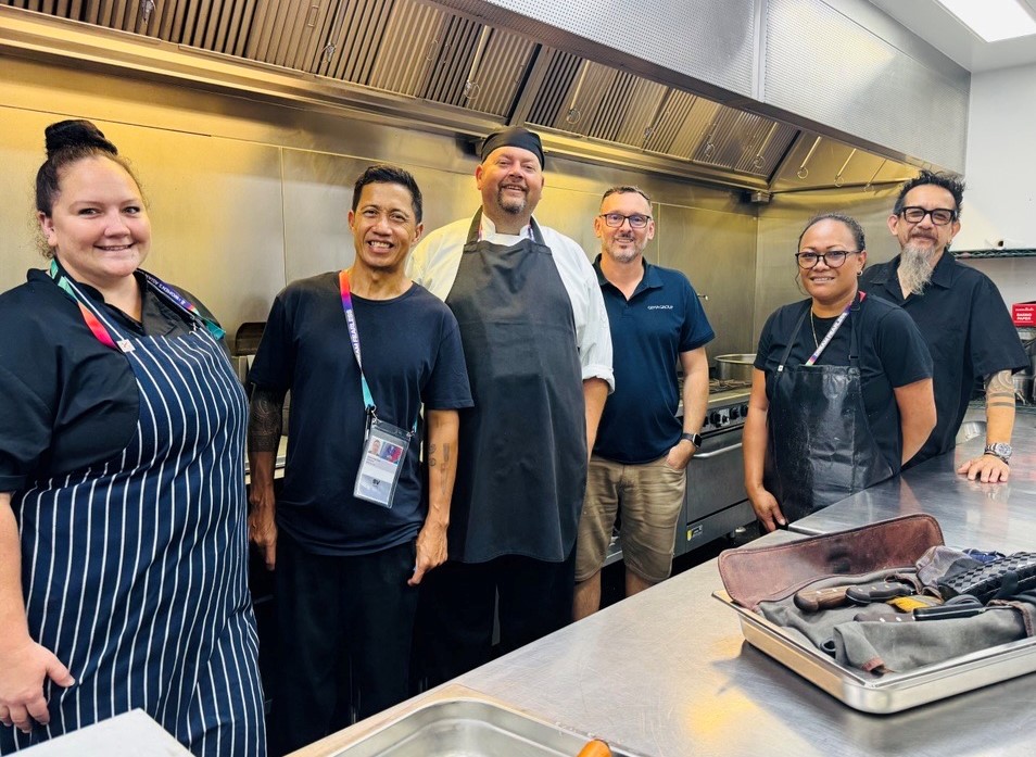 Head Chef Adam Sullivan (3rd from left) leads a team of 25 chefs preparing and catering food requirements for the matches of the 2026 AFC Women's Asian Cup held at Cbus Super Stadium in the Gold Coast.