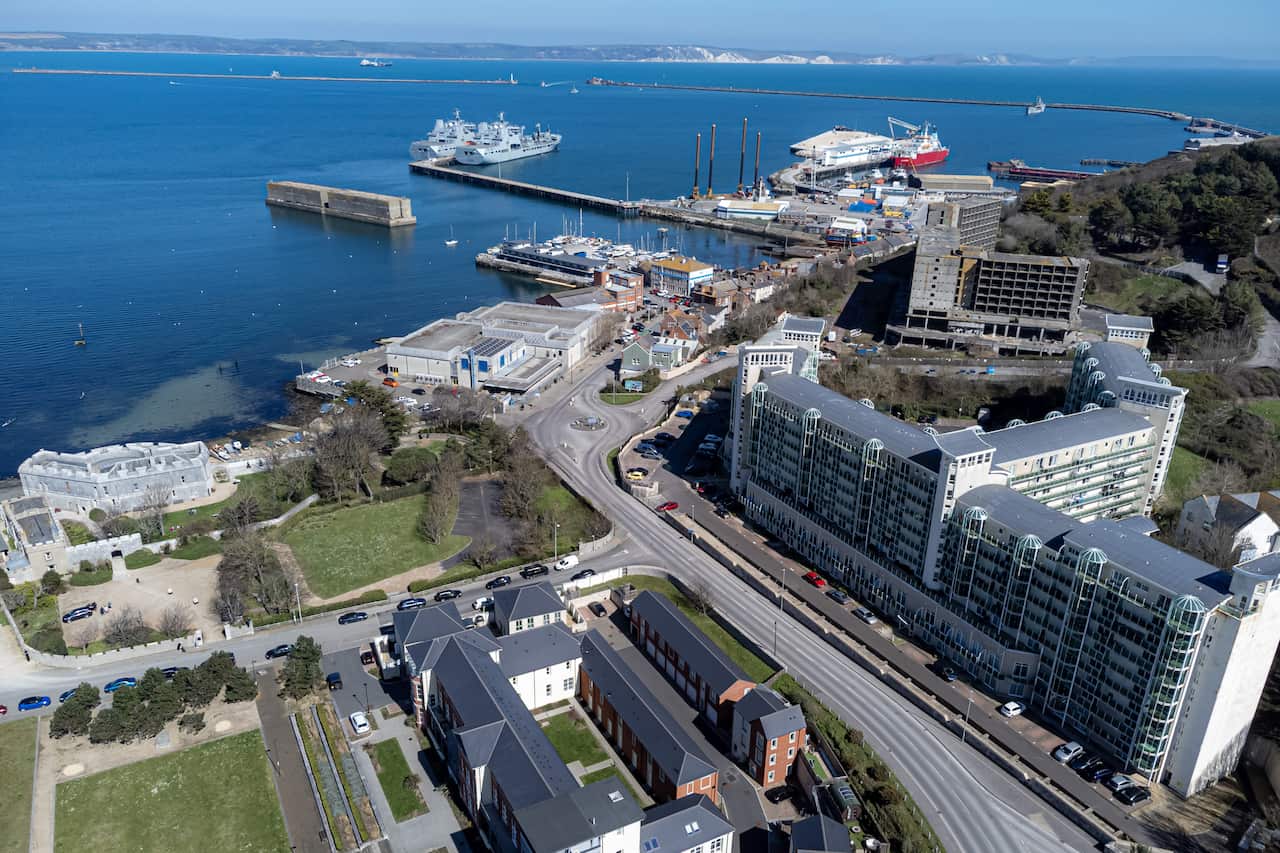 An aerial view of a harbour.