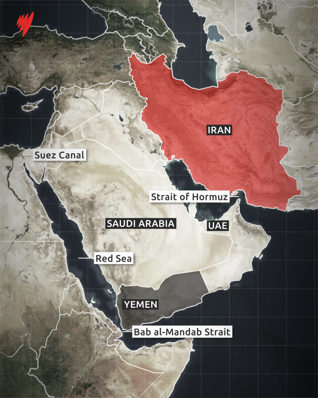 A map depicting the Bab al-Mandab Strait
