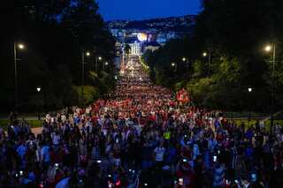Thousands of Norwegian football fans on a street in Oslo