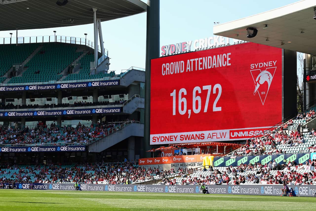 A sign in a busy stadium showing 16,672 people in attendance.