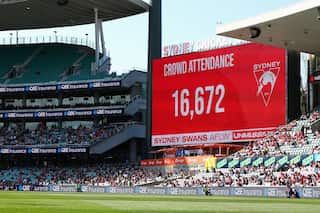 A sign in a busy stadium showing 16,672 people in attendance.