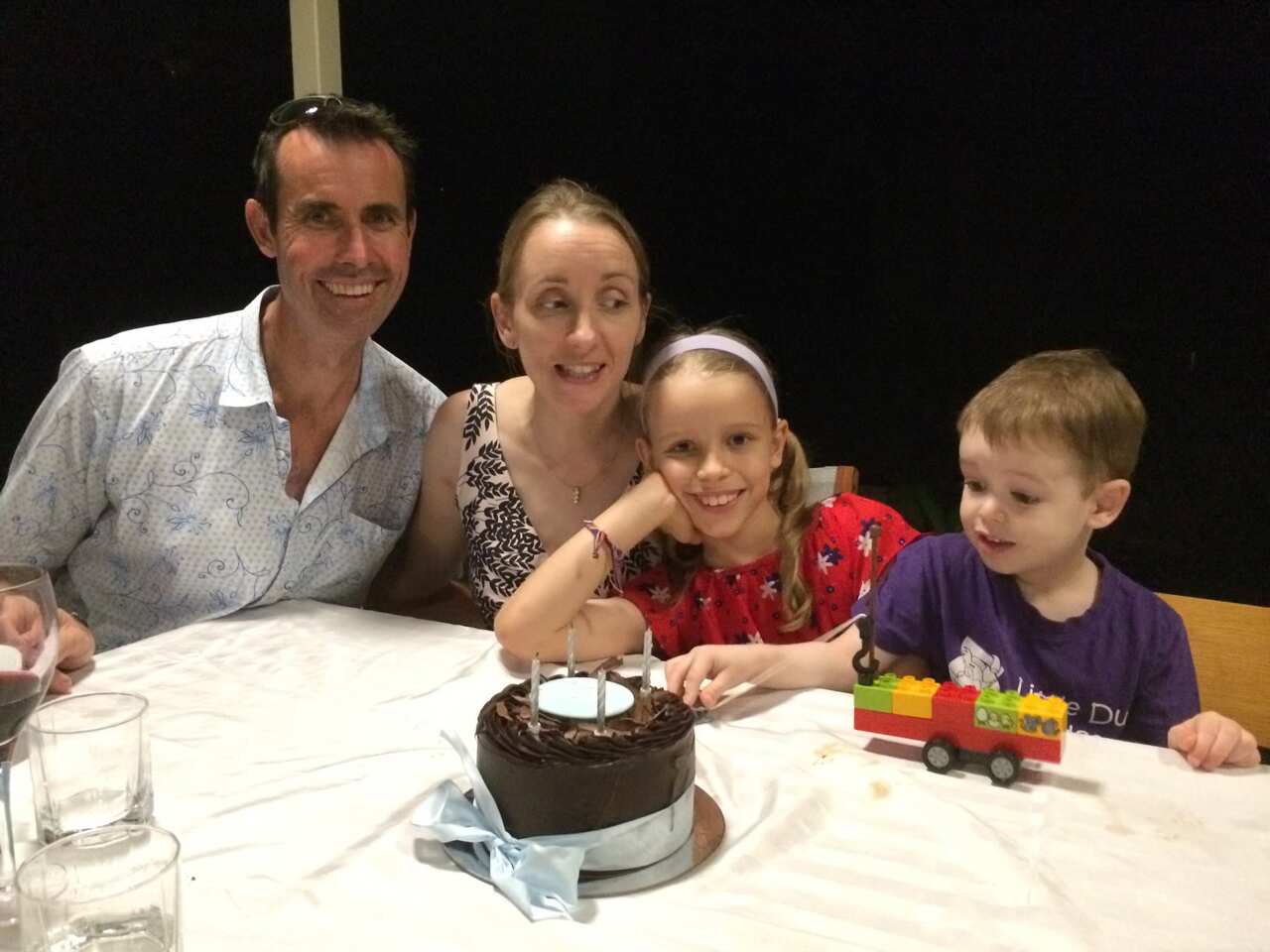 Bruce Aisthrope with his wife Tash, daughter Lauren and son Cameron celebrating Cameron's fourth birthday