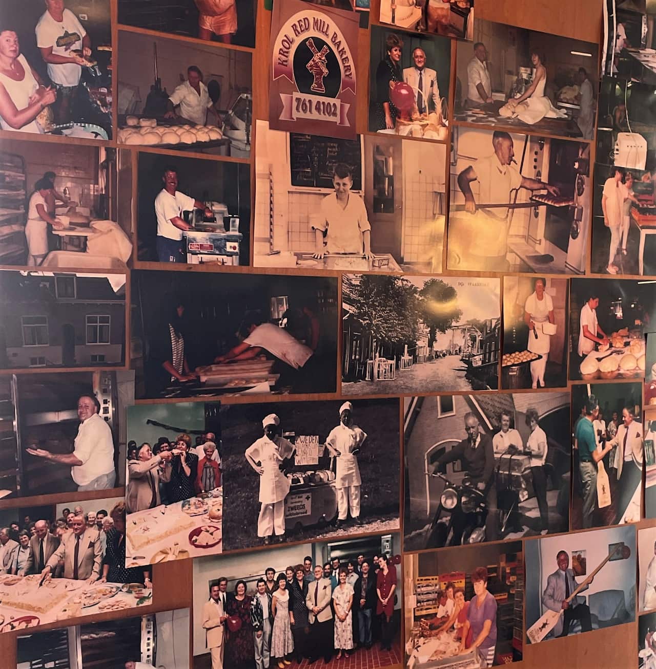 Various photographs pinned to a board.