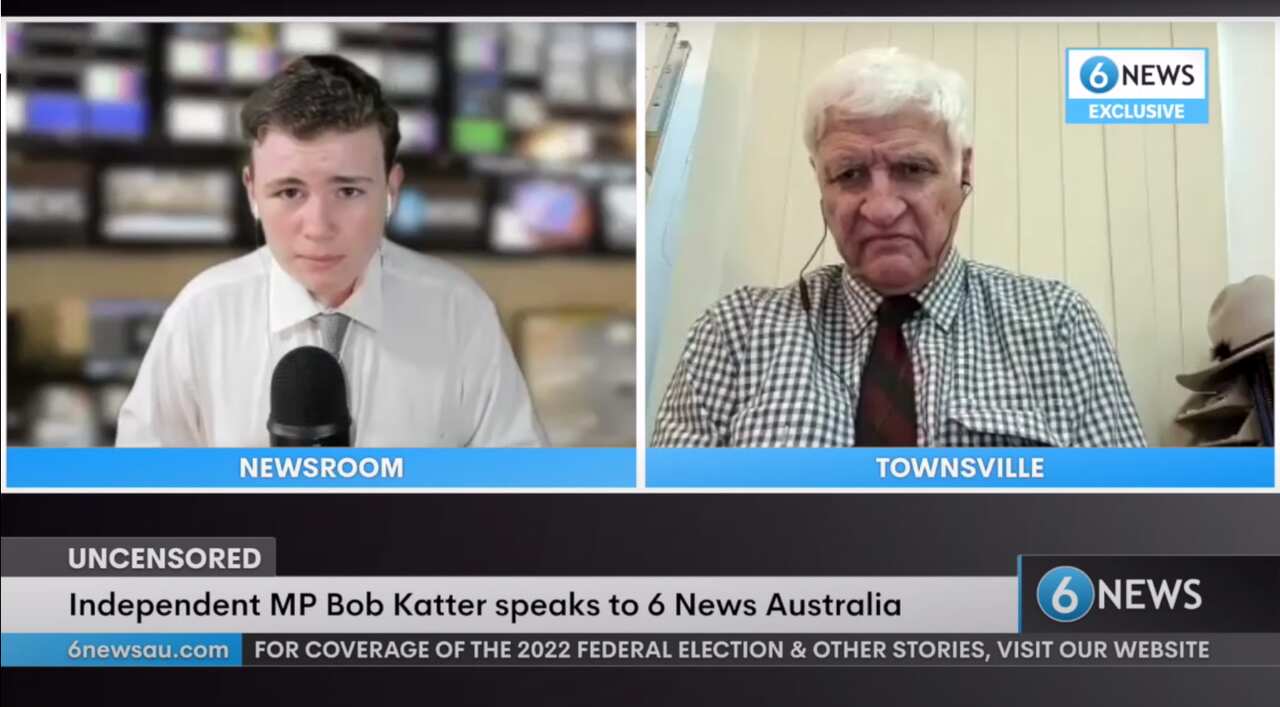 Screenshot of Leo Puglisi of 6 News Australia interviewing Independent MP Bob Katter online. 