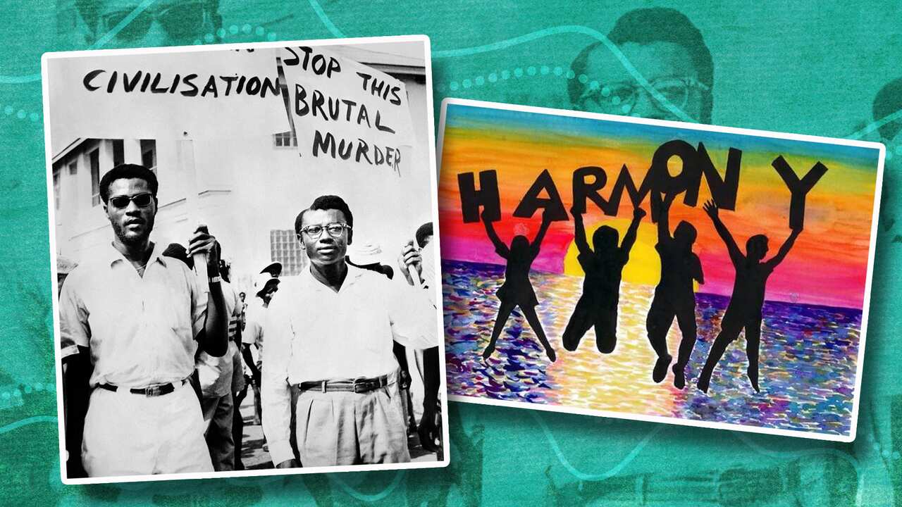 two black men hold signs of protest in a scene from 1960, next to a rainbow picture of children jumping and holding the word 'Harmony'