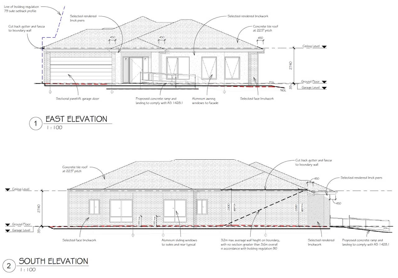 A blueprint shows the east and south elevations of a house with a garage, annotated with construction details like materials, dimensions, and building regulations. The drawings feature details such as a concrete tile roof, rendered brickwork, and a proposed concrete ramp.