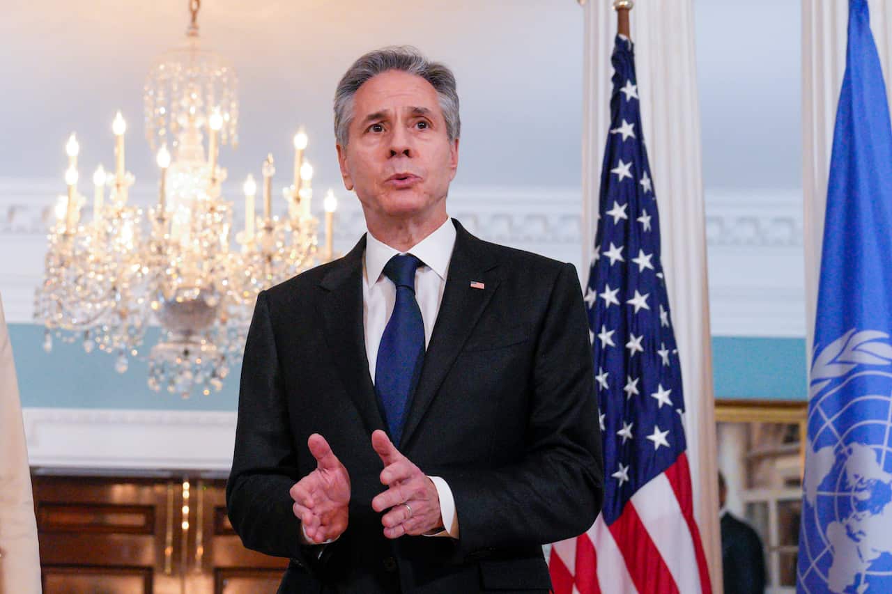 Secretary of State Antony Blinken speaks during a meeting with UN Senior Humanitarian and Reconstruction Coordinator for Gaza, Sigrid Kaag, not pictured, at the State Department in Washington.