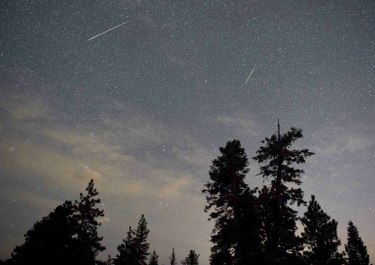 A photo of a meteor shower with trees in the foreground