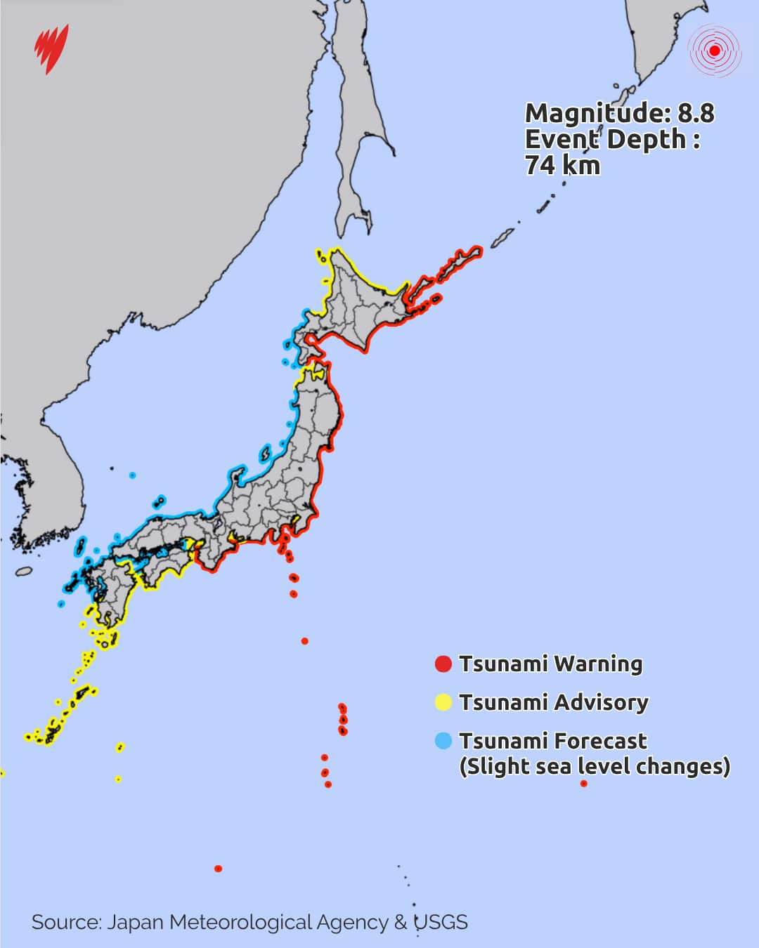 A map showing the areas highlighted in red, yellow and blue where varied levels of tsunami warnings have been issued.