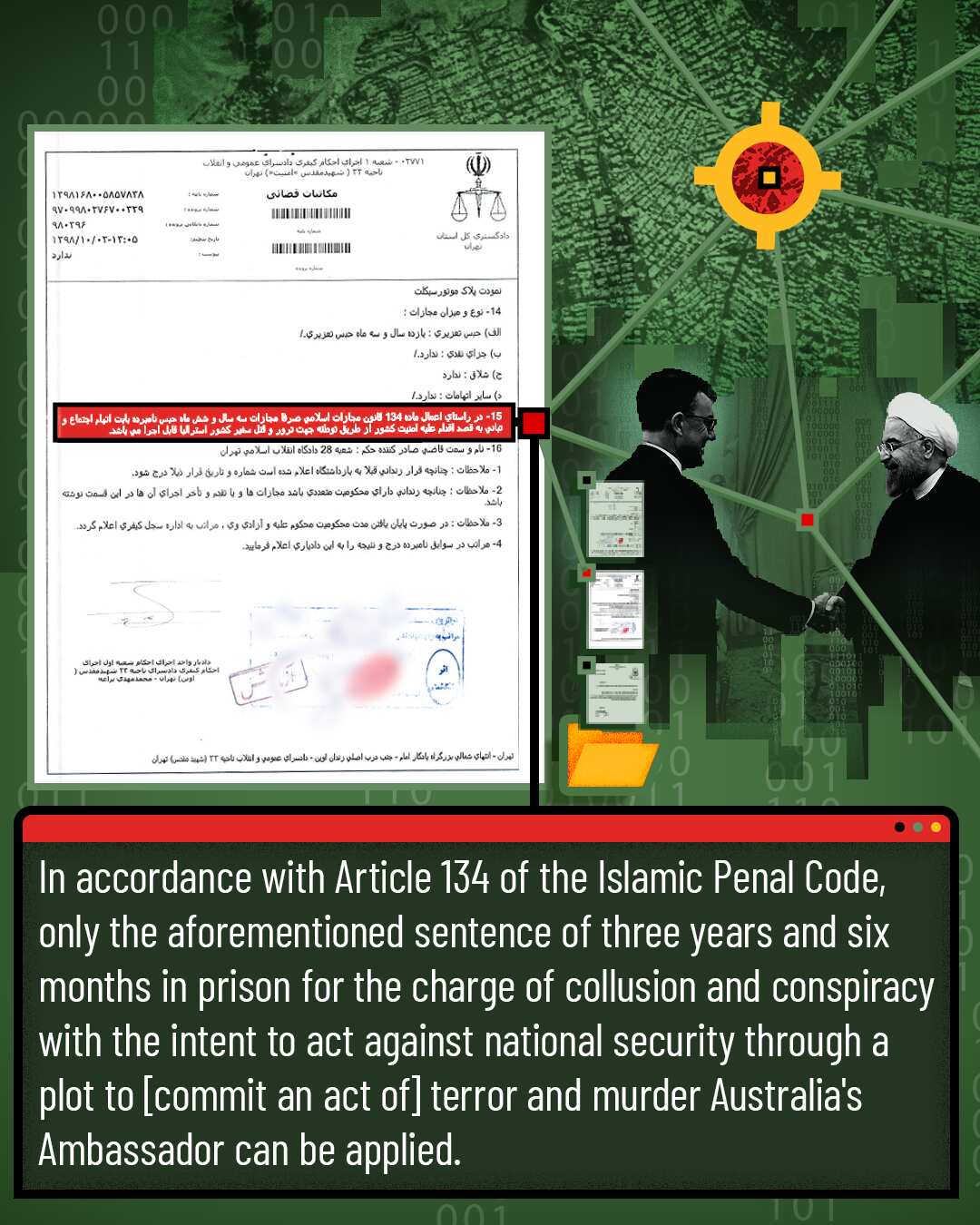 A document from a cache. Two men are shaking hands on the right.