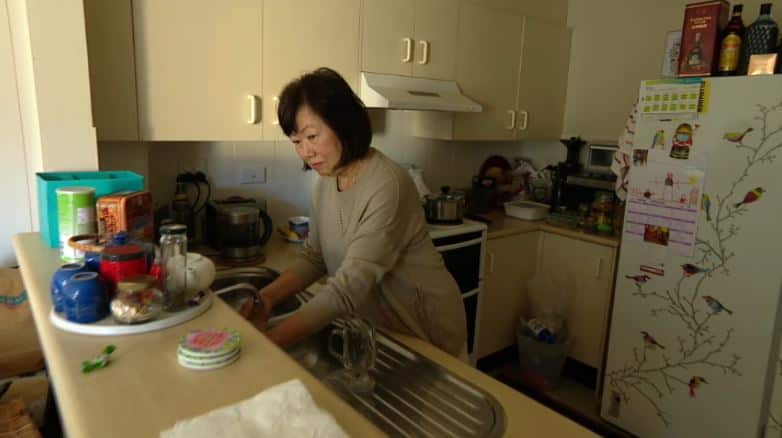 Bee in her kitchen washing dishes.