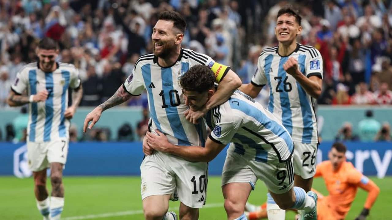 Lionel Messi celebrates a goal with his Argentina teammates