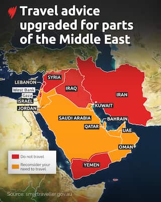 A map showing the travel advice levels across the Middle East.