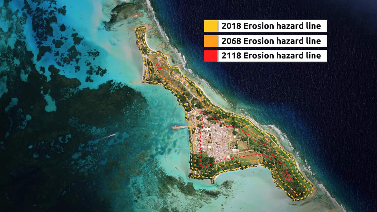 An aerial map of an island showing coastal erosion hazard lines from 2018 and projections for 2068 and 2118.