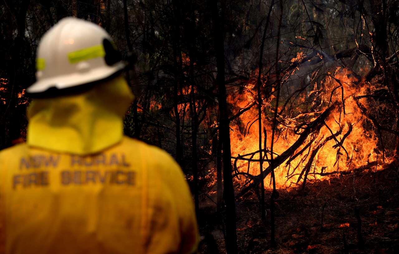 A firefighter looks at a bushfire