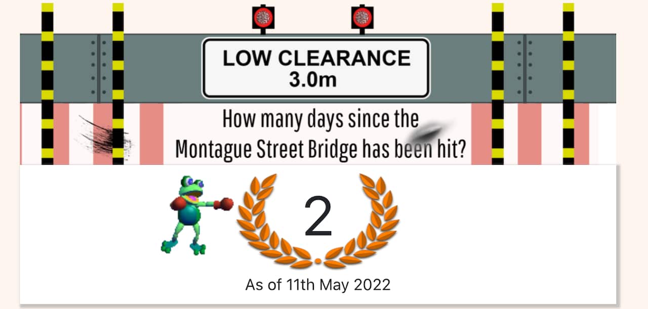Screenshot of text from the site 'How many days since Montague Street Bridge has been hit?'