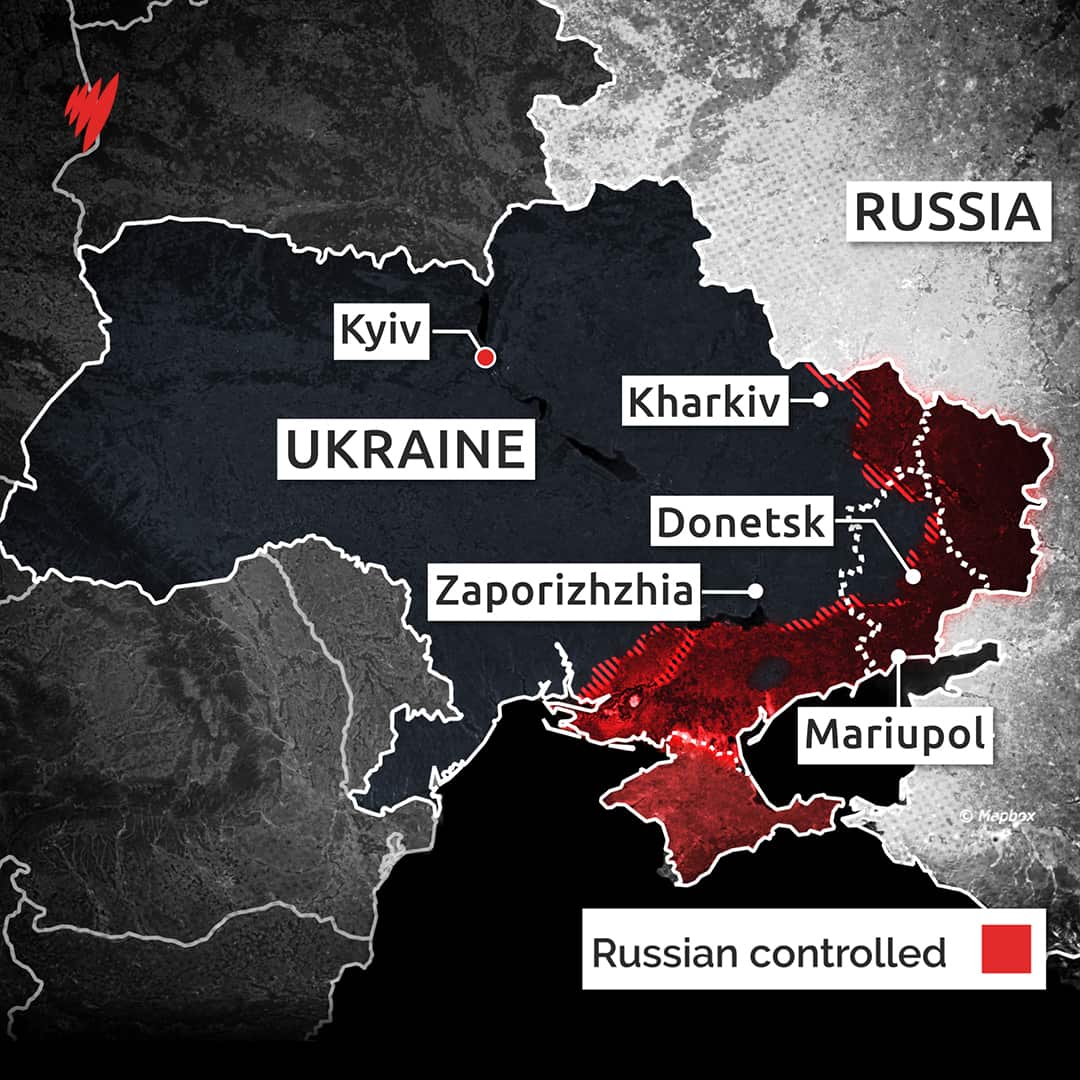 Map of Ukraine showing areas controlled by Russian forces. 