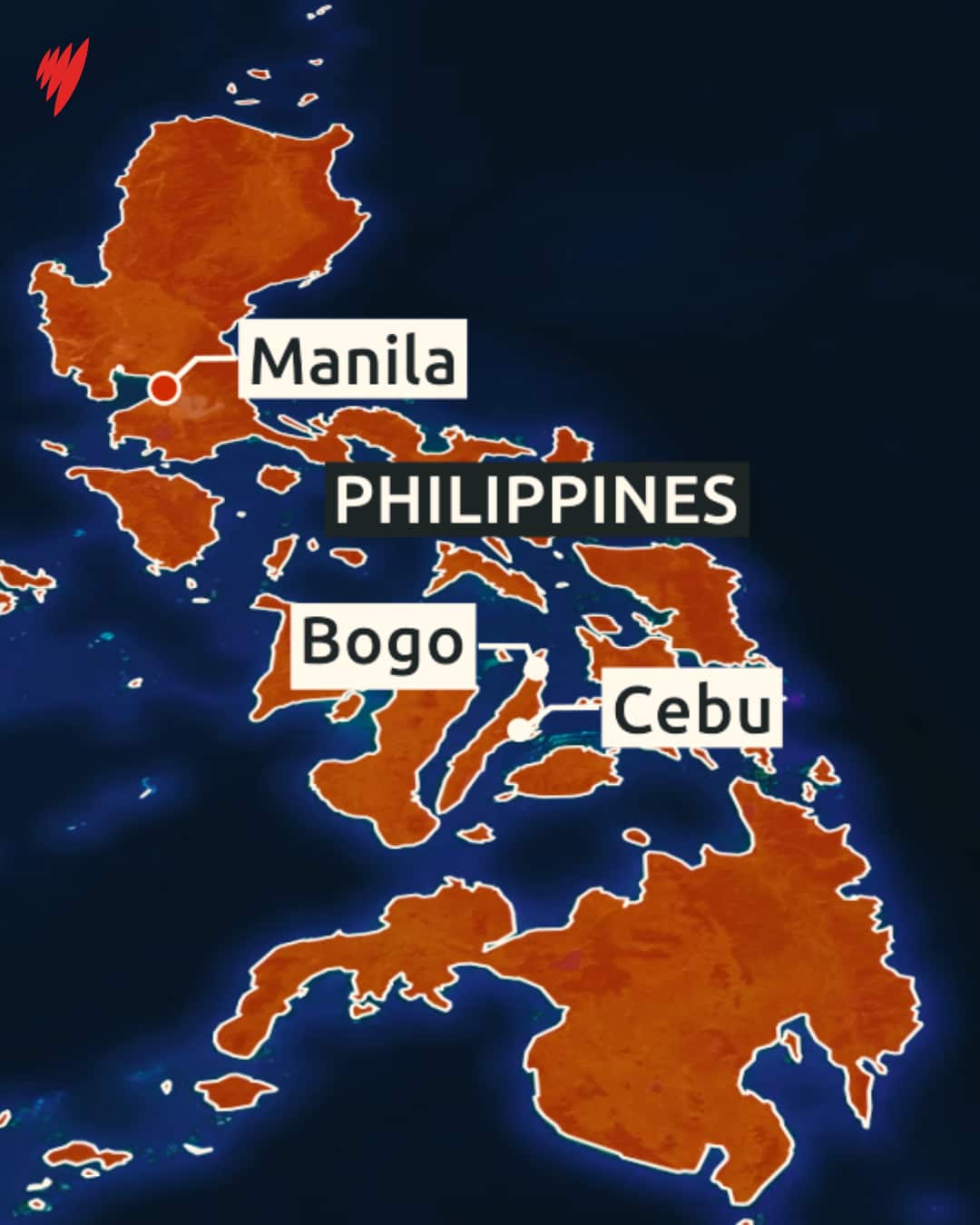 A map showing the Philippines, with Manila, Cebu and Bogo marked.