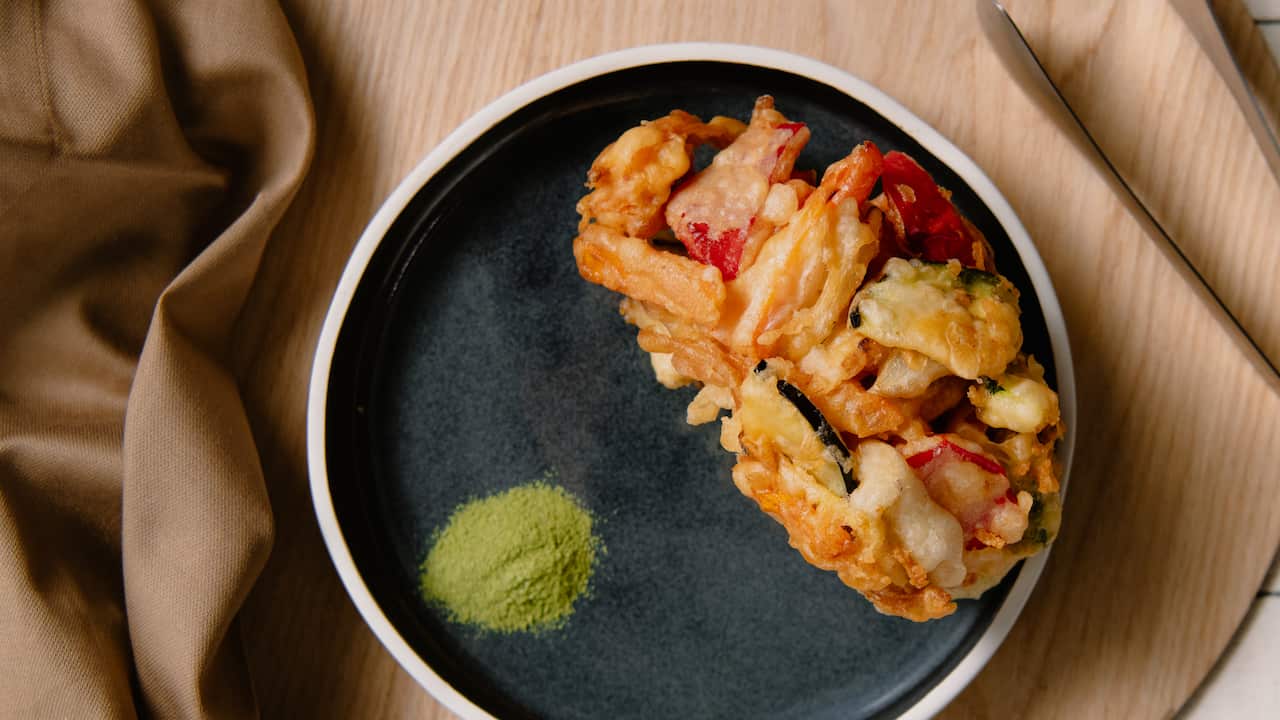 Beer-battered vegetable fritter with matcha salt
