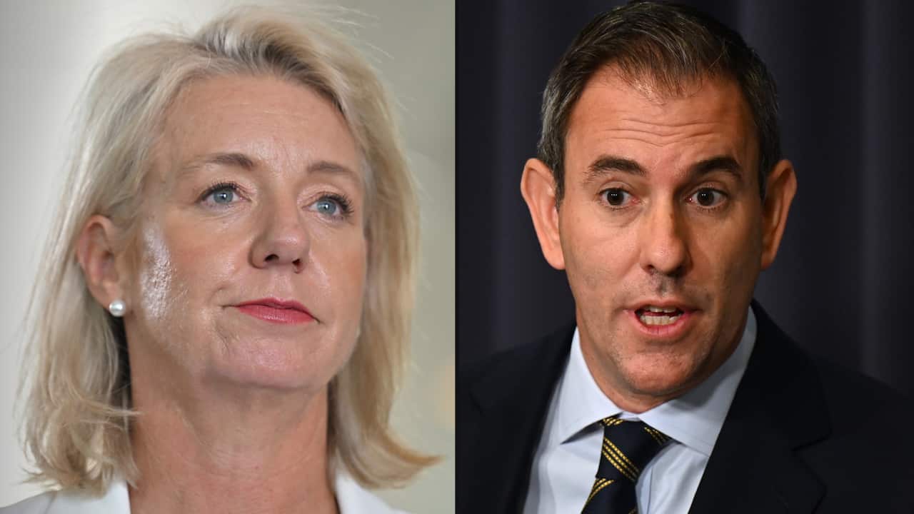A split image. On the left is Nationals senator Bridget McKenzie. On the right is Treasurer Jim Chalmers.