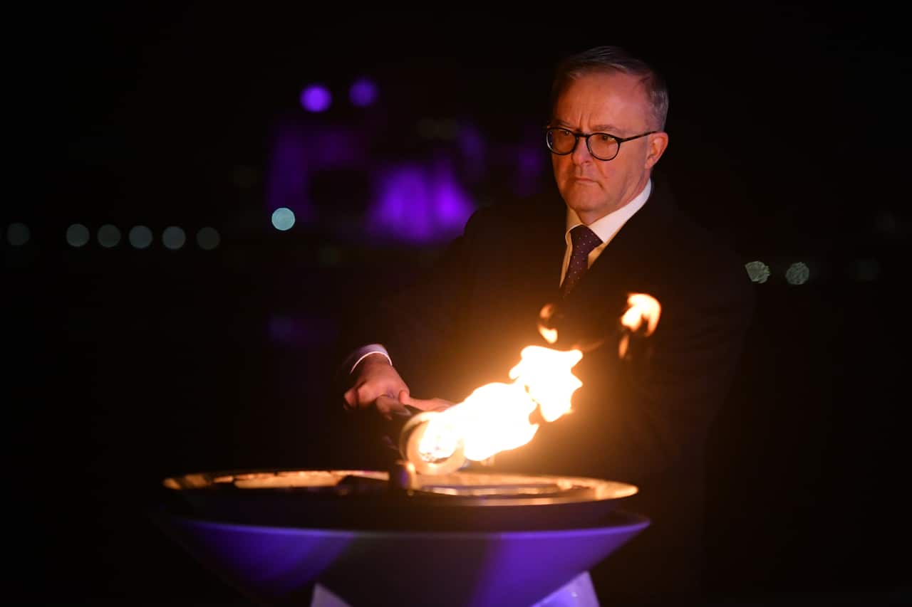 Prime Minister Anthony Albanese lights the beacon for celebrations of Queen Elizabeth II's Platinum Jubilee