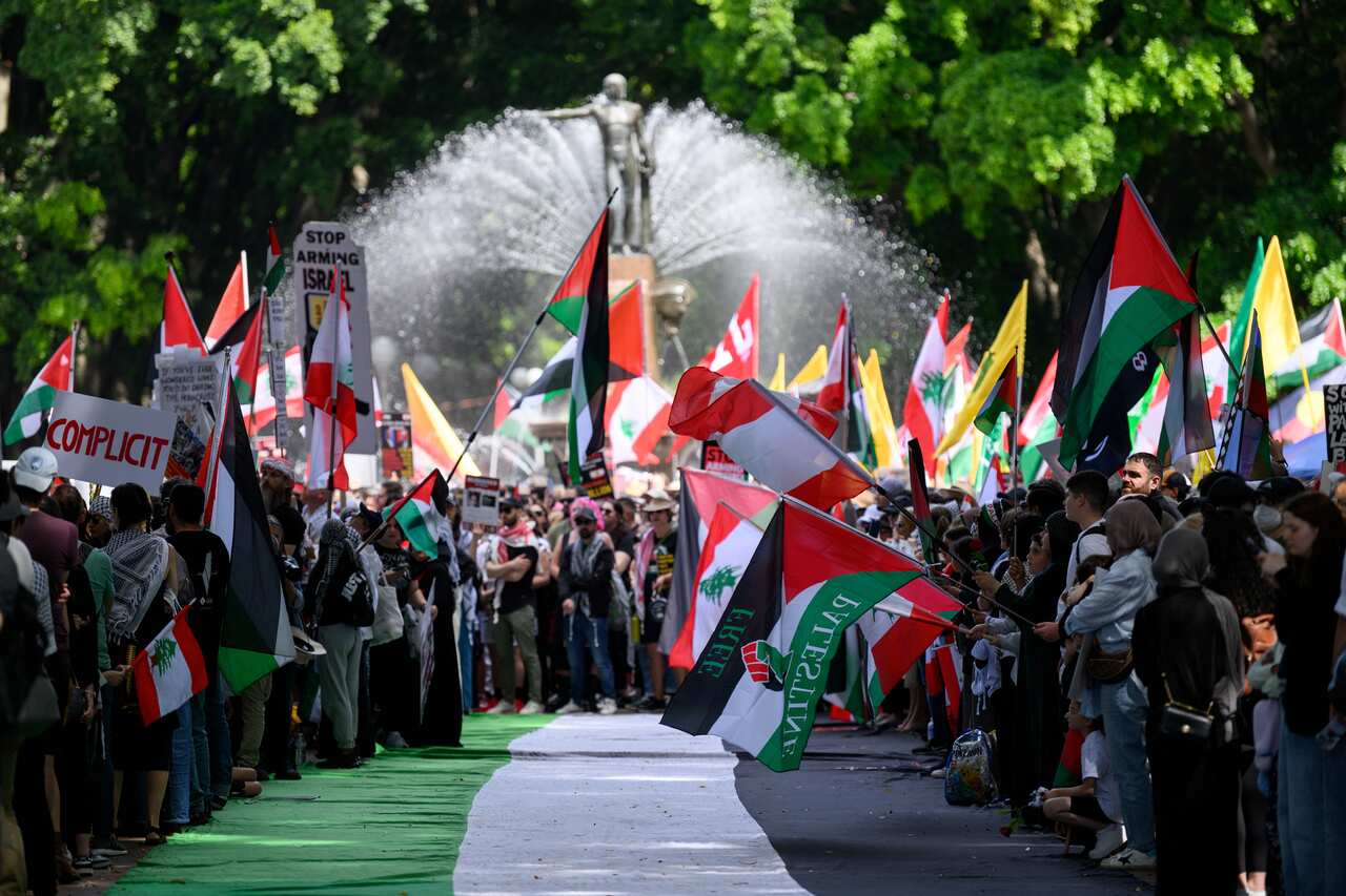 A crowd of people waving flags near a fountain