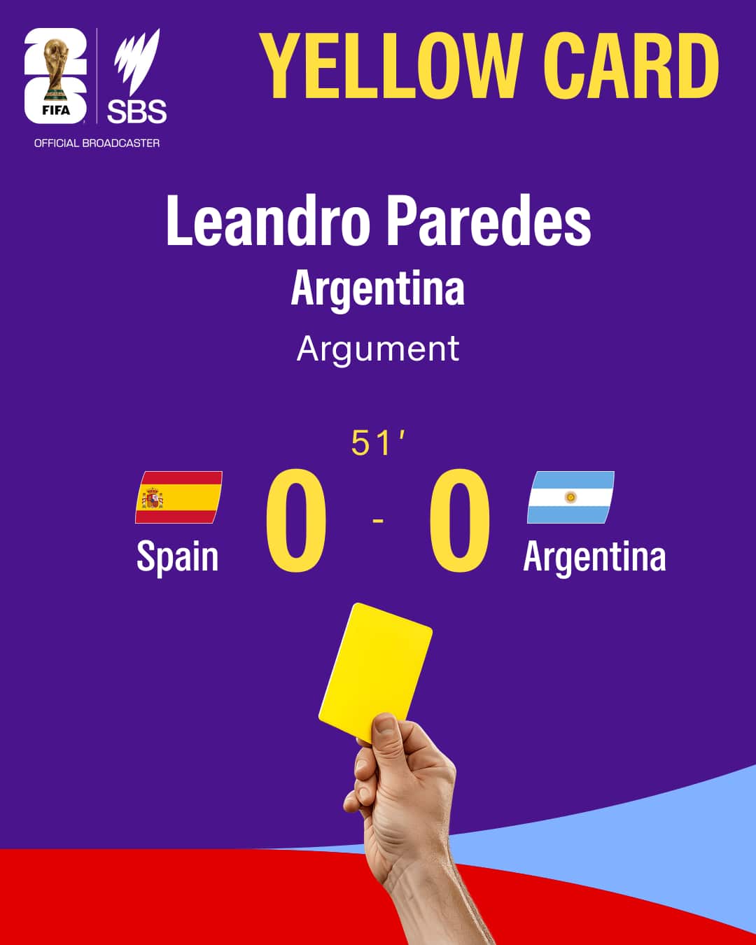 Colourful graphic showing a yellow card for Leandro Paredes at the 2026 World Cup final.