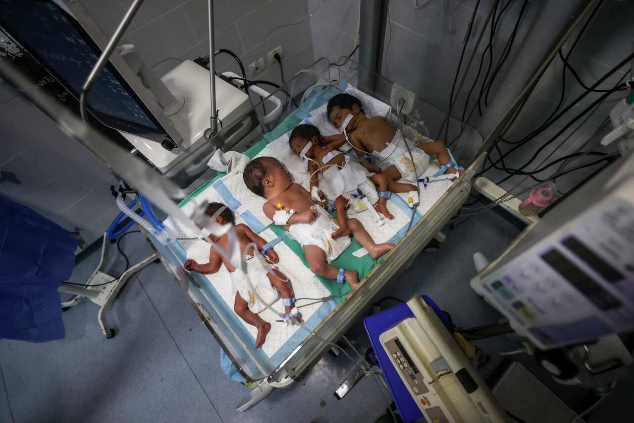 Four premature infants lie in one hospital incubator, surrounded by tubes.