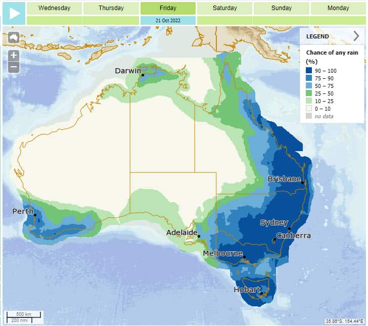 Chance of any rain for Friday, 21 Oct 2022. Updated 18 Oct 2022, 6:15 PM AEDT.