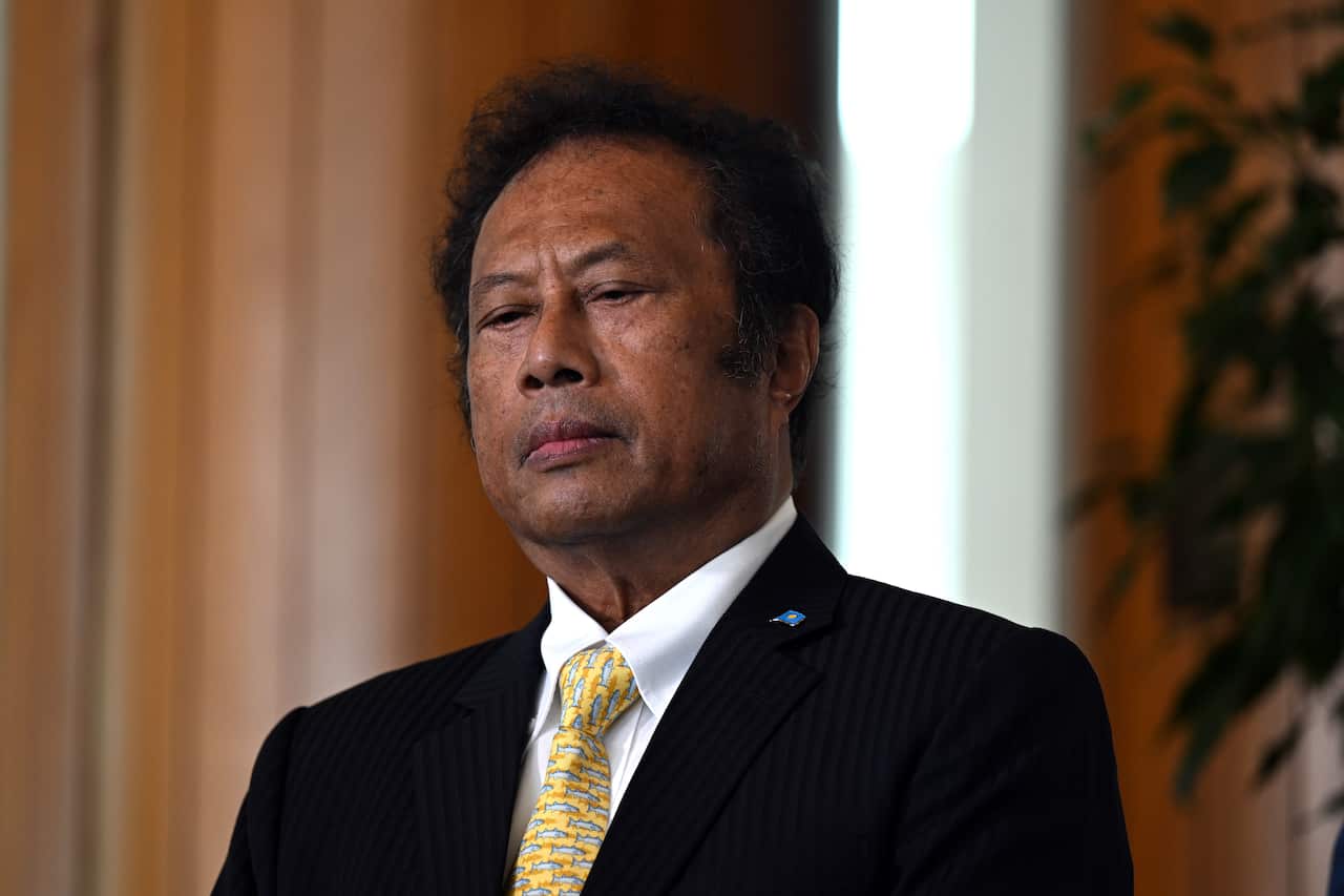Former President of Palau Thomas Esang Jr. is pictured at a press conference at Parliament House in Canberra. 