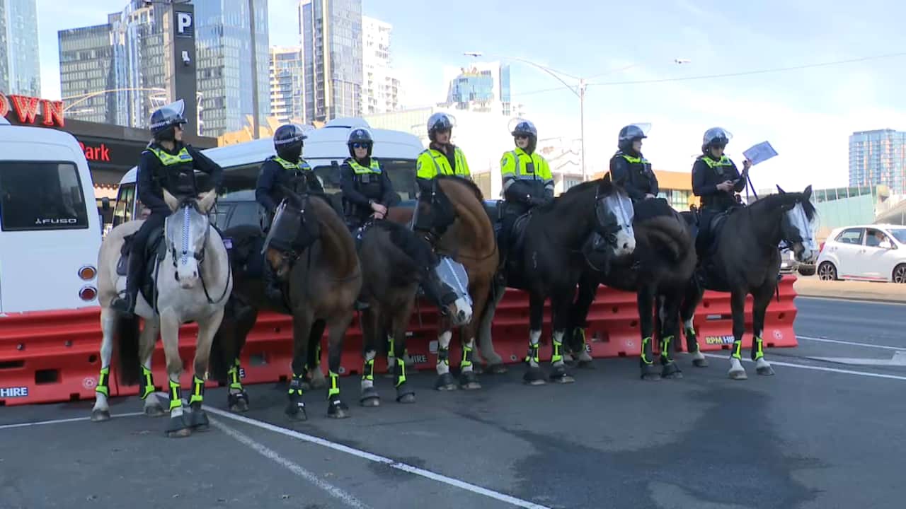 Police on horseback in front of an orange barrier.