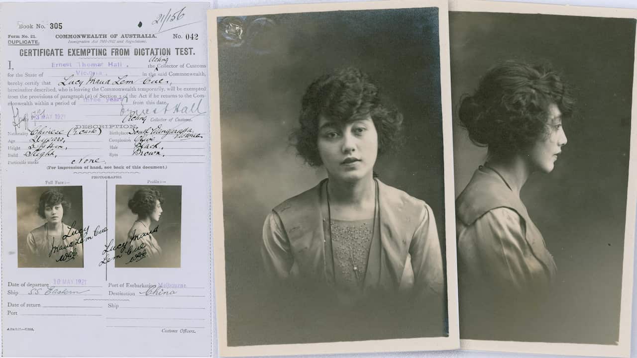 A purple Certificate Exempting from Dictation Test form includes scrawling cursive handwriting and features photographs of a woman wearing a dress, with her hair in an updo, looking to the front and side-on.