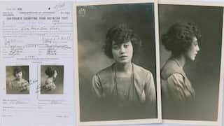 A purple Certificate Exempting from Dictation Test form includes scrawling cursive handwriting and features photographs of a woman wearing a dress, with her hair in an updo, looking to the front and side-on.