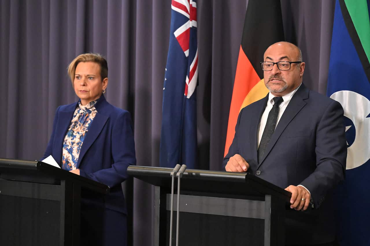 A middle-aged man and woman stand at lecterns and address unseen reporters in front of Australian national flags.