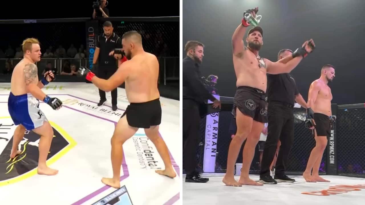 A collage of a man fighting MMA.