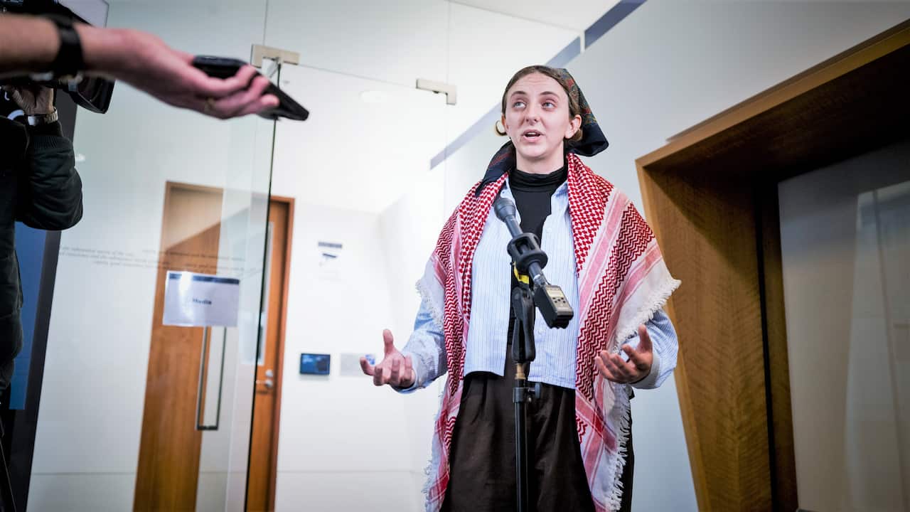Yasmine Johnson speaks to the media after testifying at the Royal Commission on Antisemitism and Social Cohesion in Melbourne