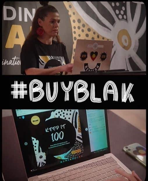 A composite image of a woman working at a laptop, and a view of the laptop screen, with the hashtag #buyblak separating the two