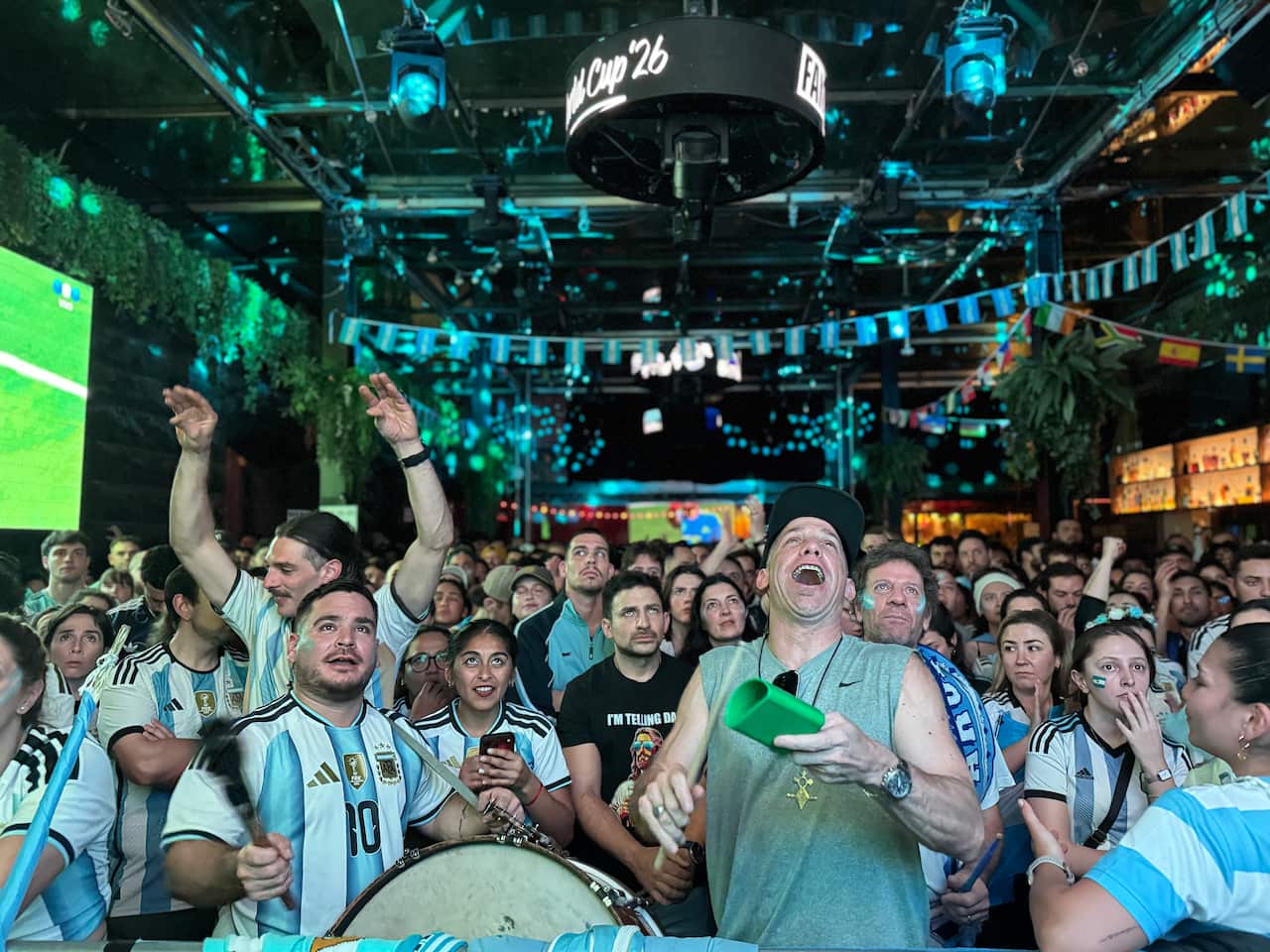 Argentina supporters at a live event for the World Cup 2026 final.