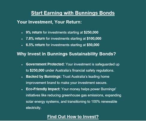 A screenshot of a scam website. It falsely claims to offer investment bonds that are backed by hardware giant Bunnings.
