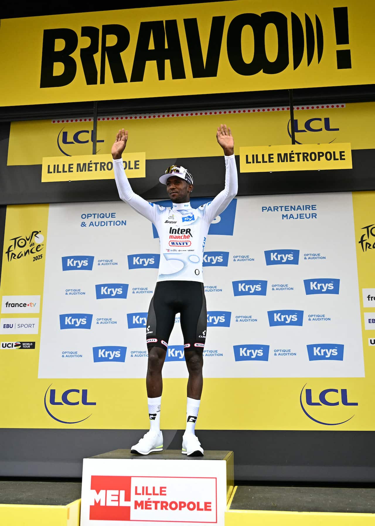 Intermarch - Wanty team's Eritrean rider Biniam Girmay celebrates on the podium 