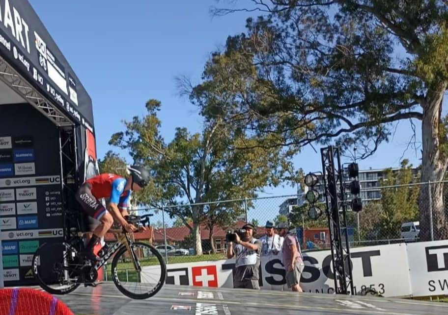 Mihajlo Stolic at the start of the World Championship Junior individual race