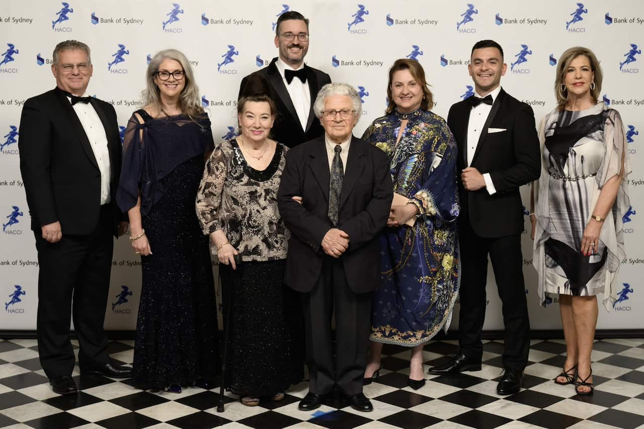 The 2023 HACCI Excellence Award winners (L-R): Chris Nikou (Sport Award), Pelagia Markogiannaki (Woman of Influence Award), Dina Amanatides (Spiro Stamoulis Lifetime Achievement Award), Adrian Sapountzis Spencer (Innovation Award), Kyriakos Amanatides (Spiro Stamoulis Lifetime Achievement Award), Dina Petrakis (Community Service Award), Dean Kotsianis (Chris Saristavros Young Achiever Award), and Yiota Tassios from Chris' Foods (Bank of Sydney Business Excellence Award 