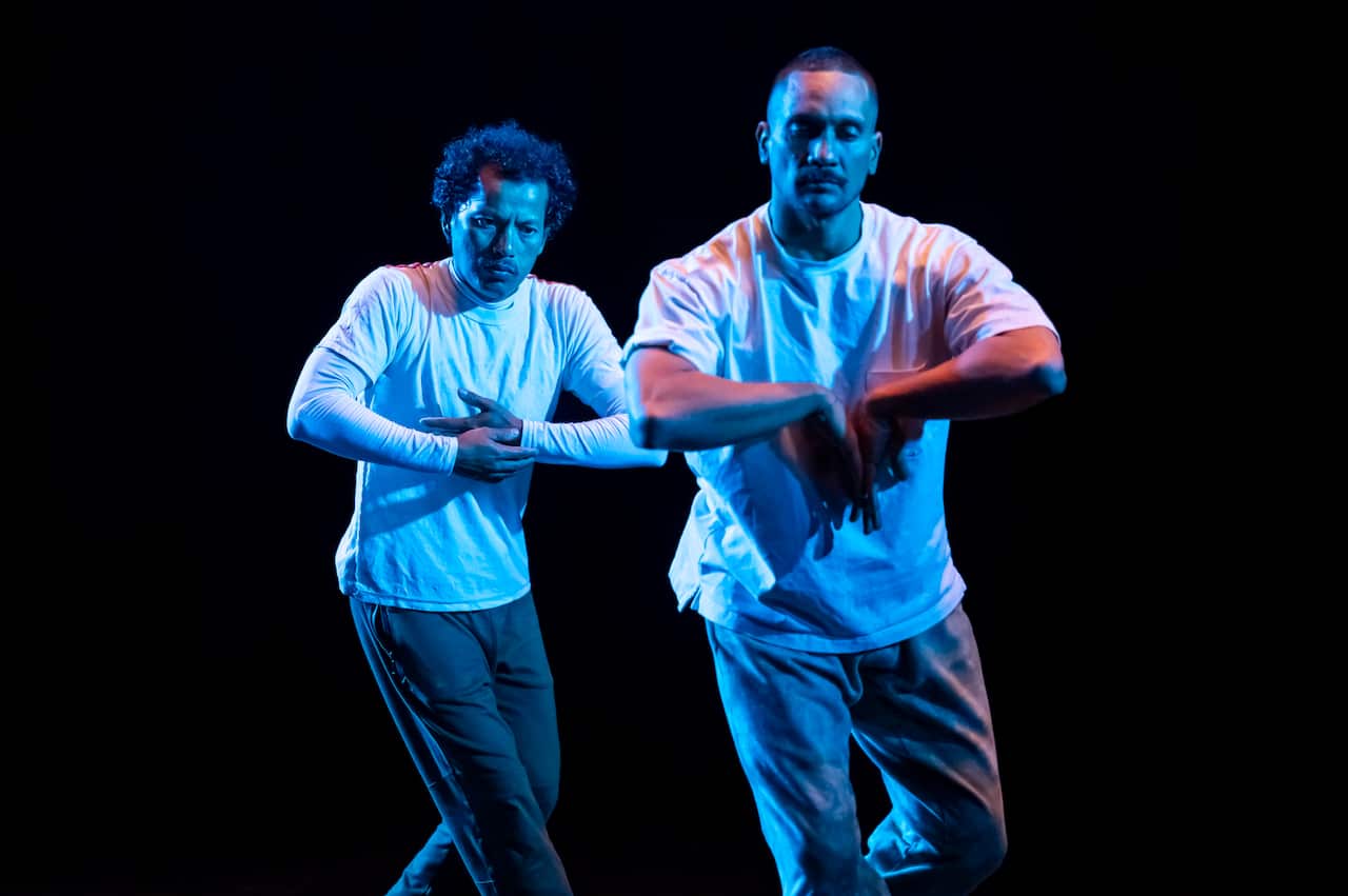 Murtala (left) and his dancing partner dance in unison preparing themselves for BUNYI BUNYI BUMI show as apart of Asia Topa 2025. Image credit: Tiffany Garvie Photograhy.