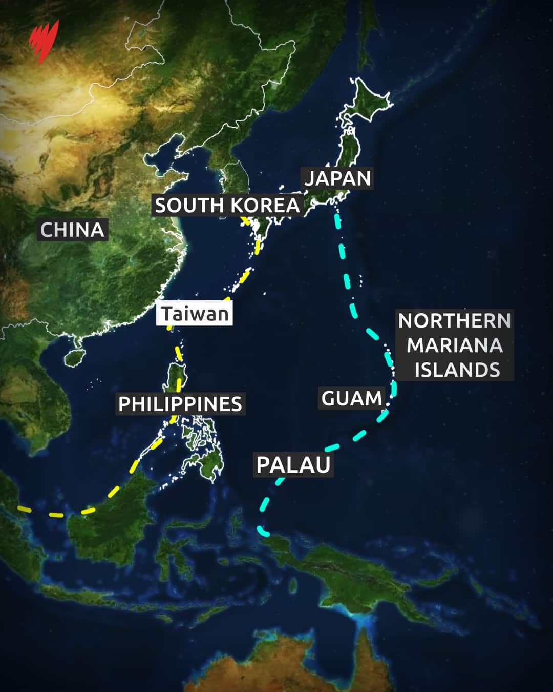 A map showing the second island chain, a strategic arc stretching across the western Pacific.
