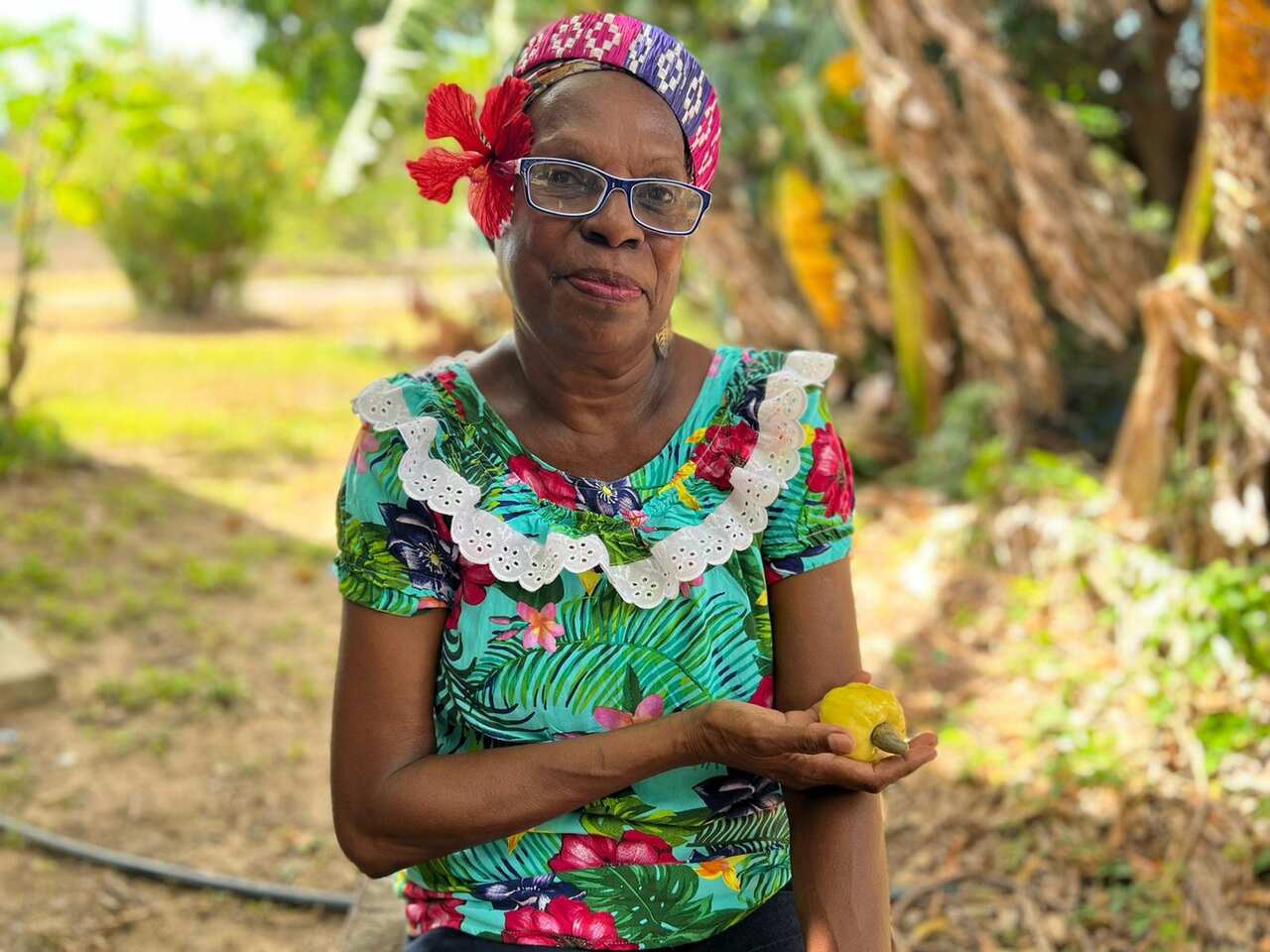 Aunty Goeynaw Isua with a cahsew fruit from her garden 
