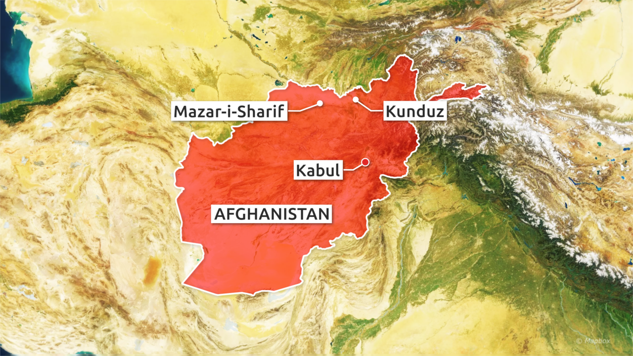 Afghanistan map showing Kabul, Mazar-i-Sharif and Kunduz